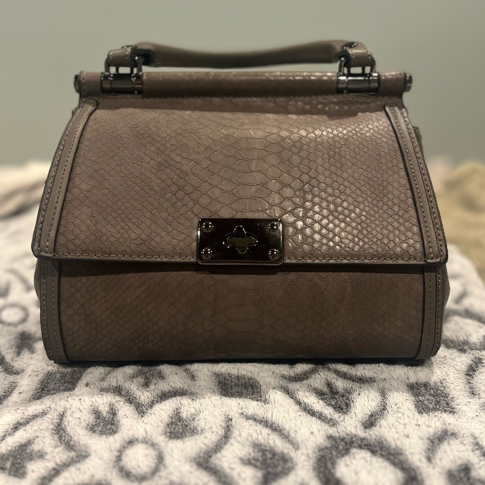 NWOT Brown and Olive Faux Leather and Suede Structured Satchel w/Textured Design